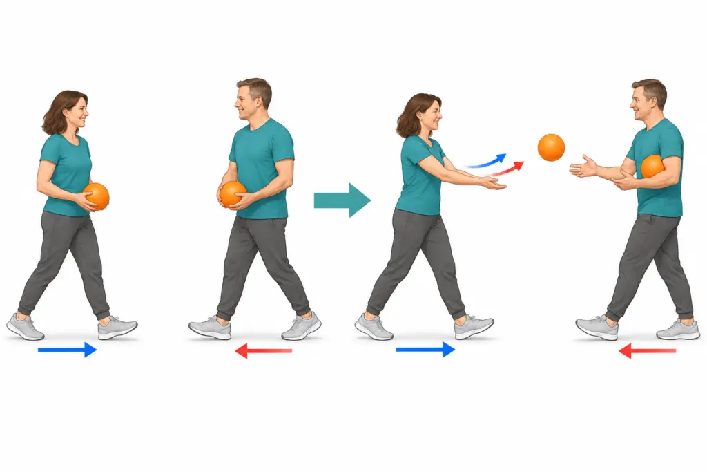 Ball zuwerfen im Gehen durch den Raum