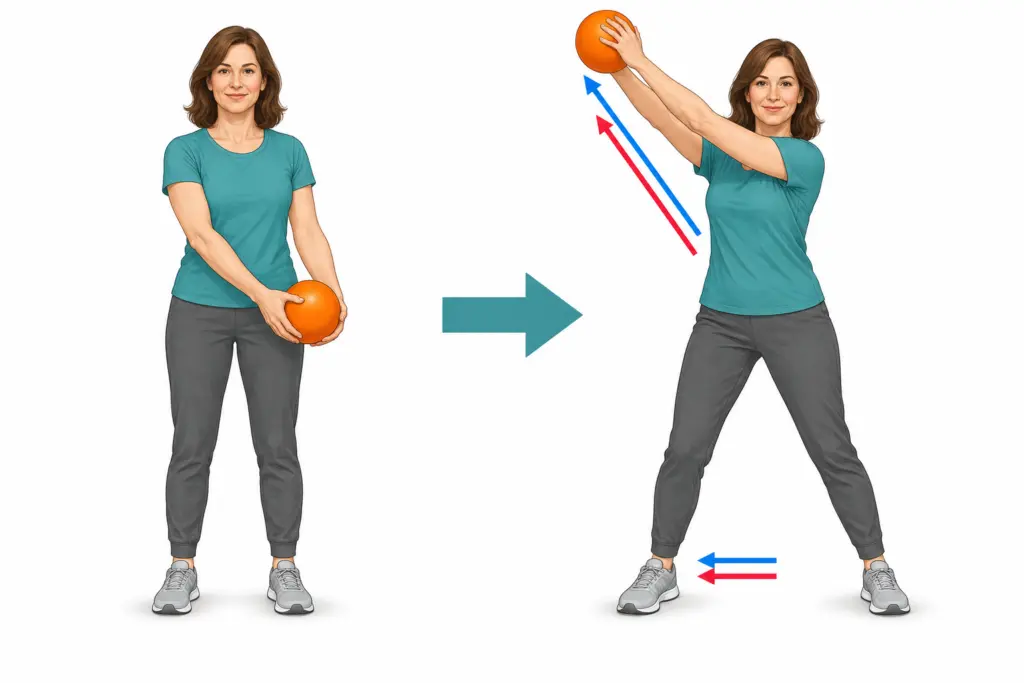 Diagonale mit dem Ball und Ausfallschritt zur Seite
