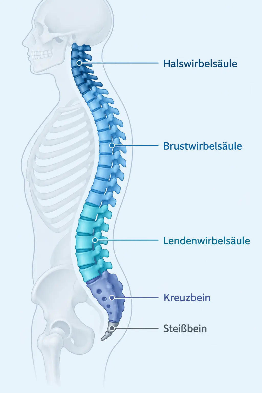 Vereinfachtes Schema der Wirbelsäule mit Hals-, Brust- und Lendenwirbelsäule, Kreuzbein und Steißbein